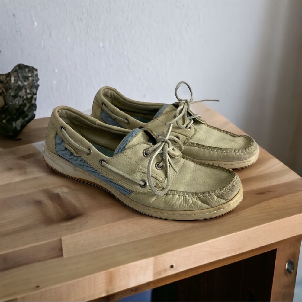 Sperry Top Sider Womens Shoes Size 9.5 Off White Leather Blue Boat Comfort Shoe